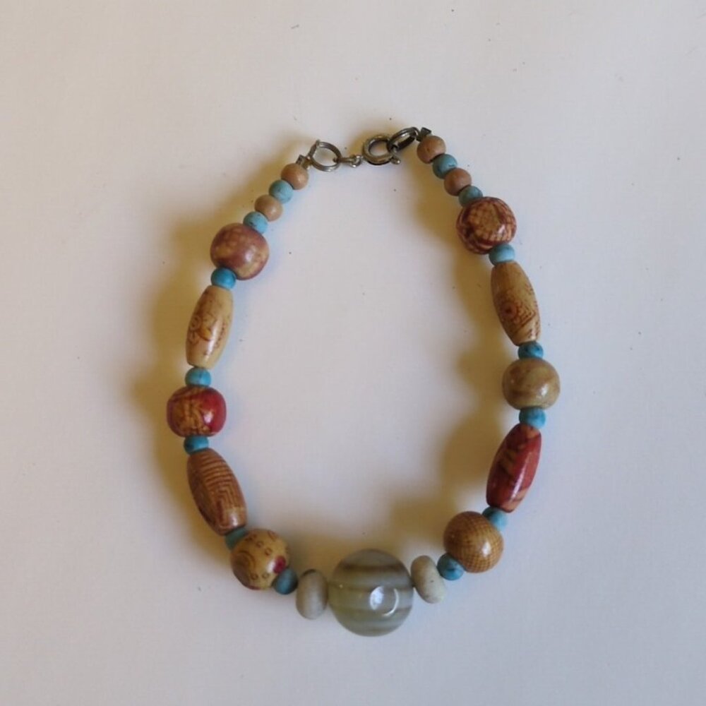 Natural Stone And Wood Beaded Bracelet Southwest Aztec Tibet Bohemian Hippie